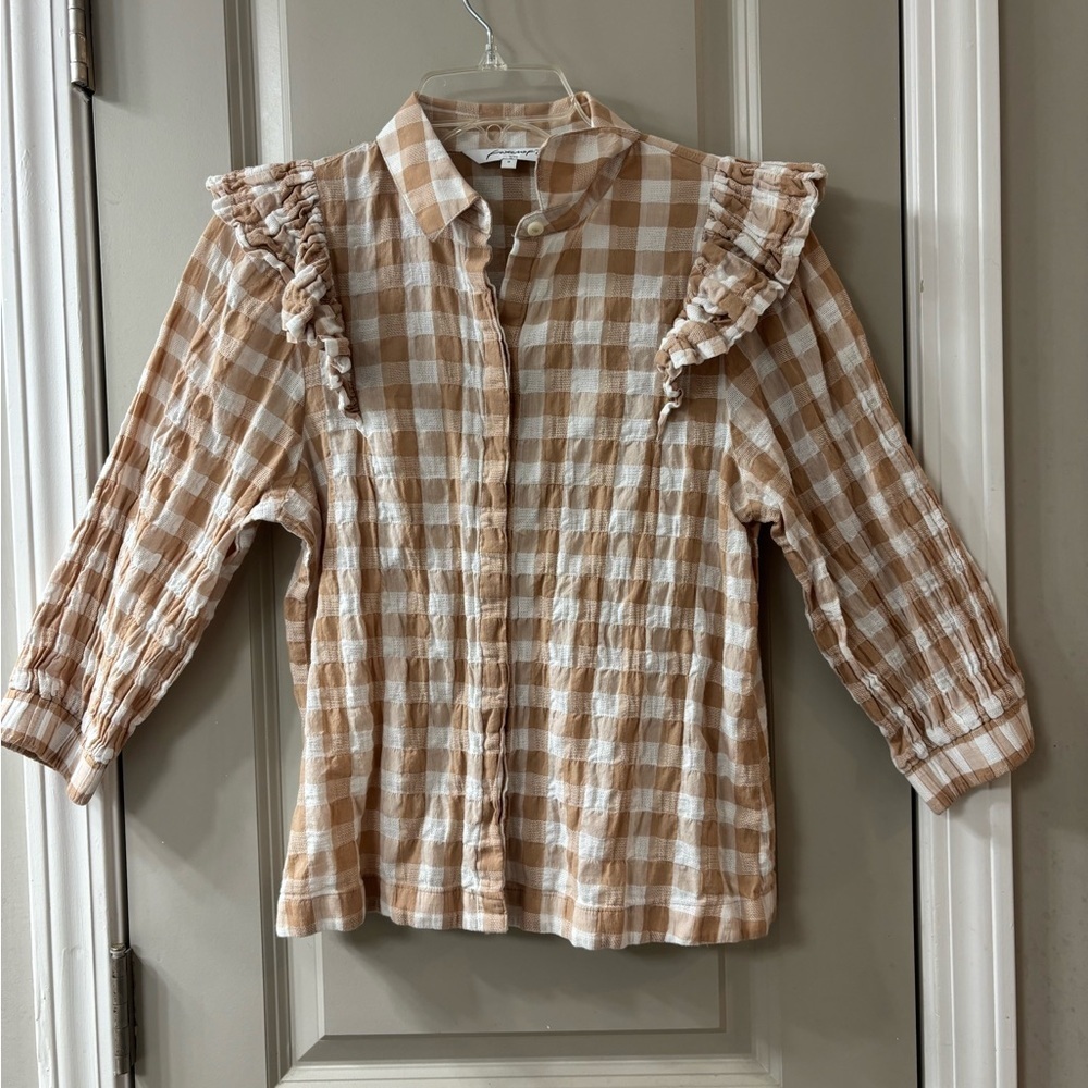 Foxcroft Tan and White Checkered Blouse